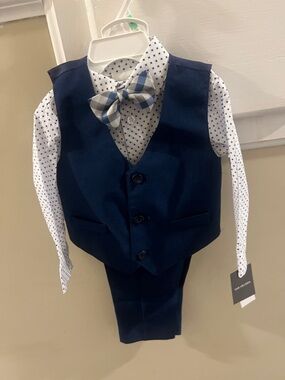 Van Heusen Navy Blue Boys Vest Suit Set with Patterned Shirt & Bow Tie